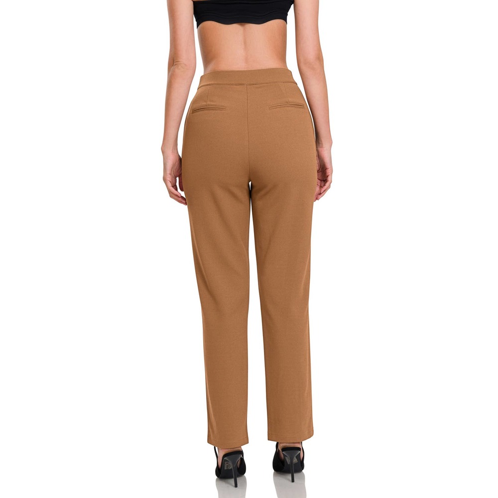 ZENANA WOMEN'S STRETCH PULL-ON SCUBA CREPE DRESS PANTS DARK CAMEL - Picture 3 of 5